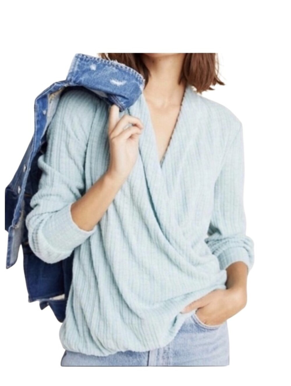 Maeve Anthropologie Sweater Wrap M Blue VNeck Fuzzy Cozy Texture Longsleeve Teal